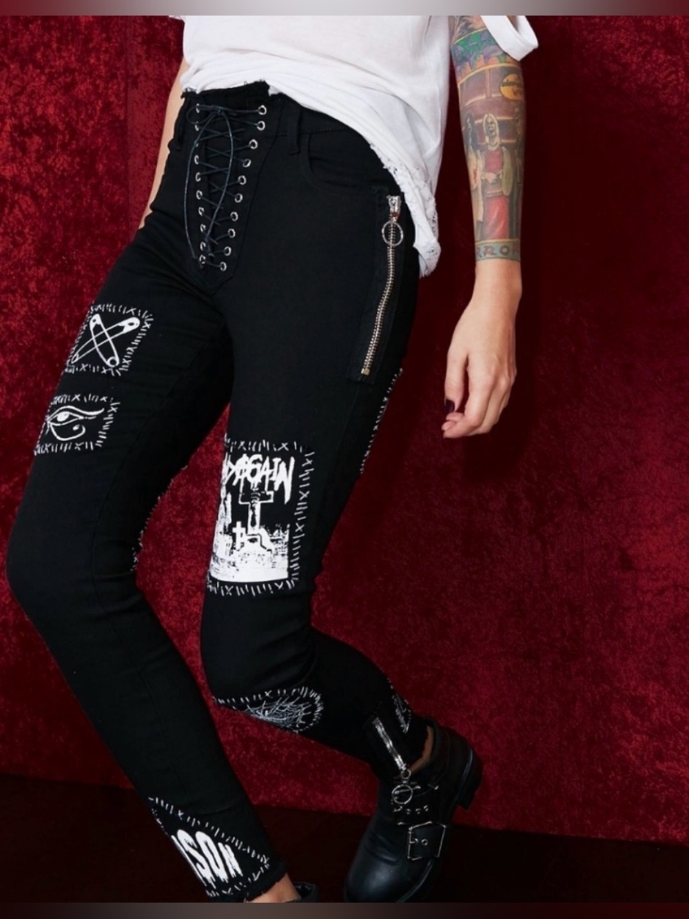 Dolls Kill Current Mood Black Lace Up Patch Jeans L